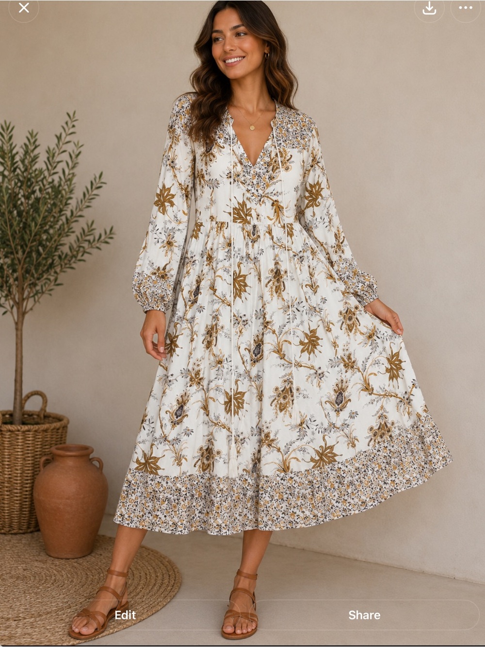 R vivimos dress size 8/10 M White & Gold Floral V-Neck Long Sleeve Midi Dress
